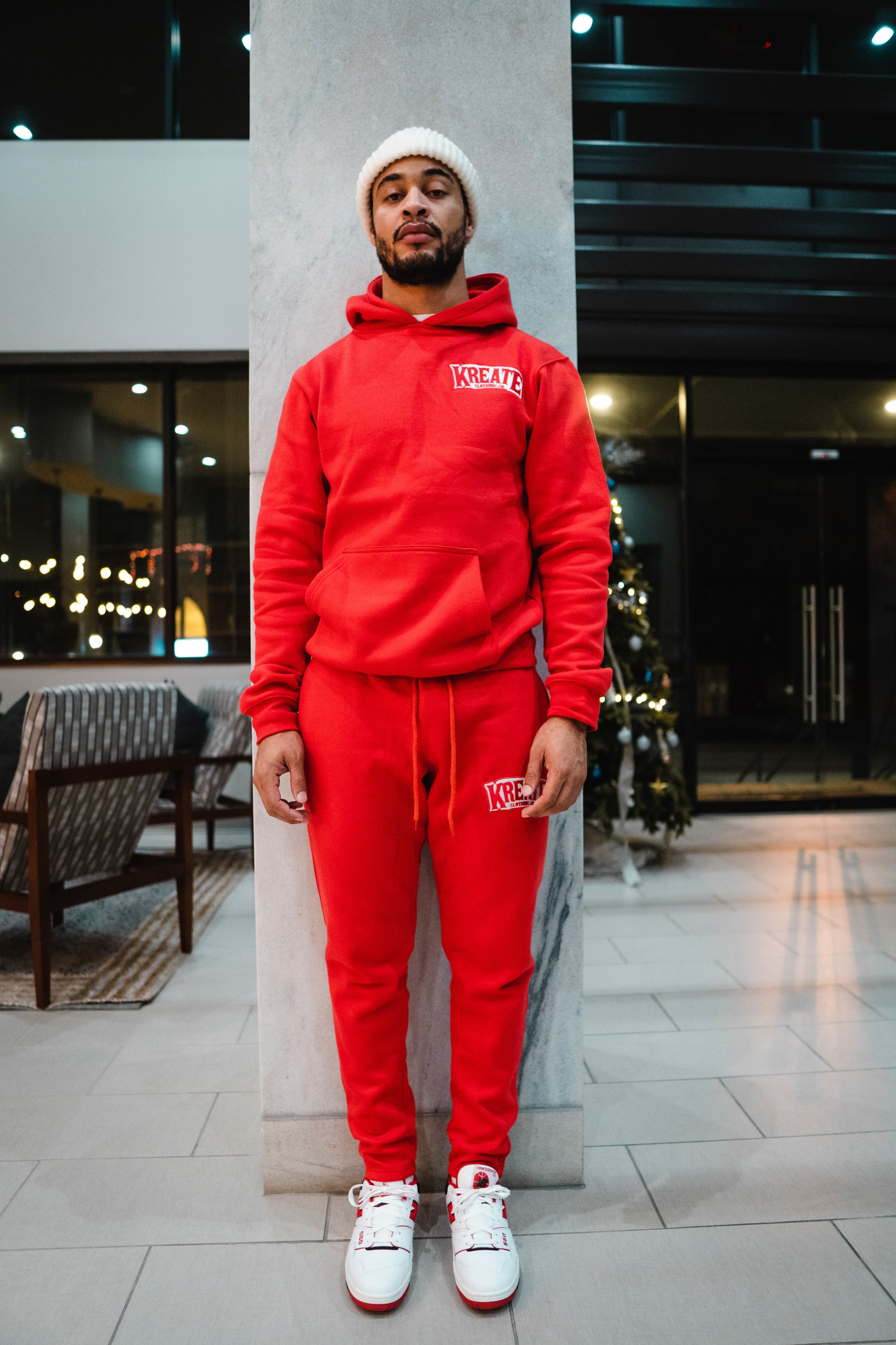 Red sweats online outfit